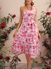 SHEIN VCAY Floral Print Layered Hem Belted One Shoulder Dress Kentucky Derby Dress - Apricot - View 6