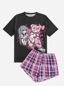 ROMWE Anime Plaid Cartoon Graphic PJ Set - Multicolor - View 2