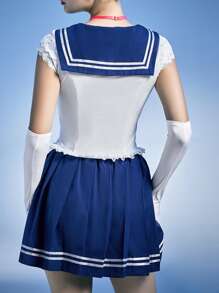 ROMWE Anime 6pack Contrast Lace Bow Decor School Girl Costume Set - Blue and White - View 2