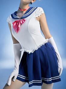 ROMWE Anime 6pack Contrast Lace Bow Decor School Girl Costume Set - Blue and White - View 6