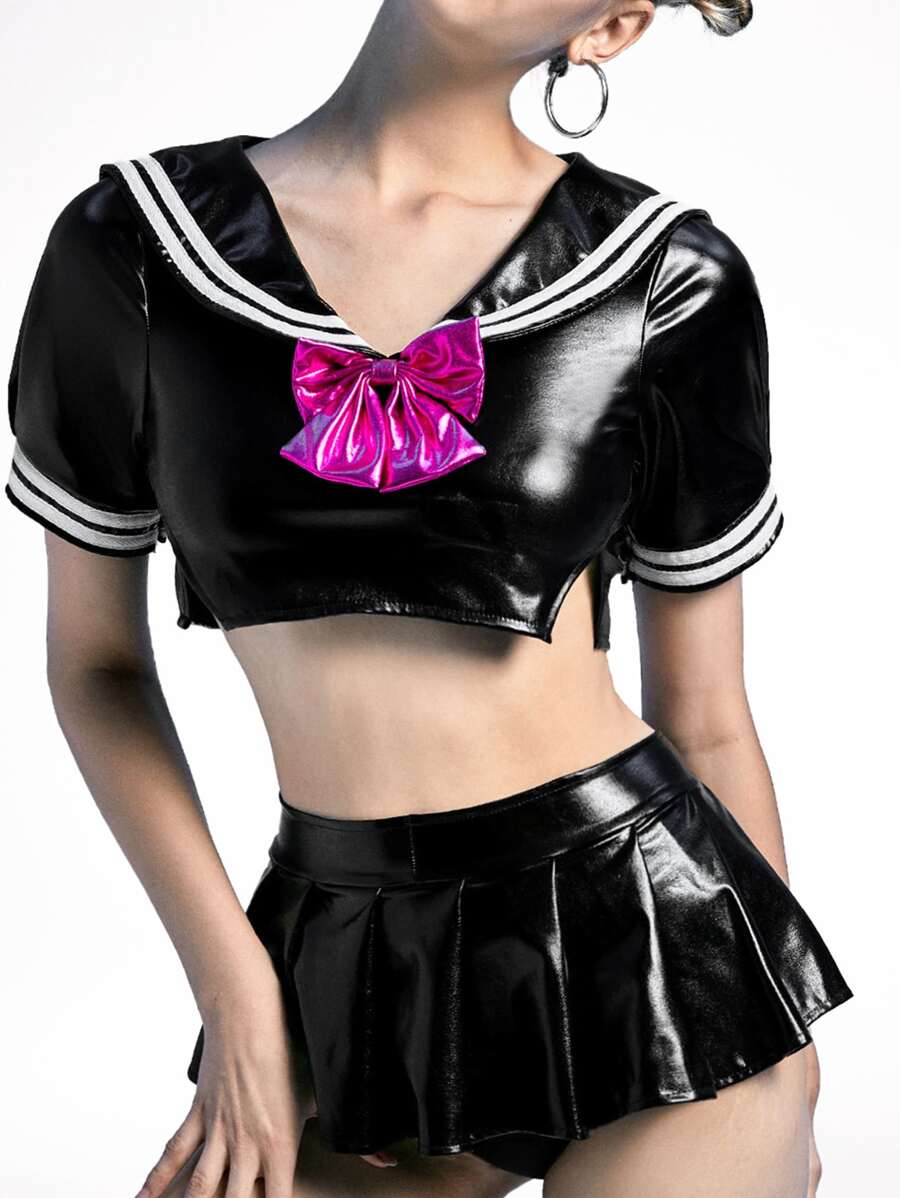 ROMWE 3pack Bow Decor PU School Girl Costume Set - Black - View 1