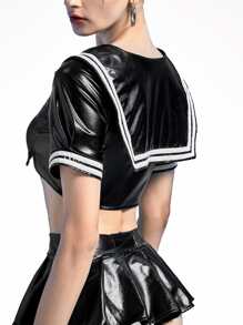 ROMWE 3pack Bow Decor PU School Girl Costume Set - Black - View 2