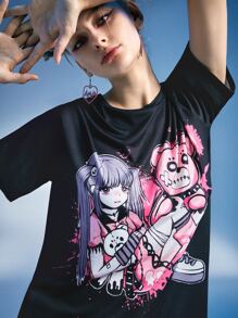 ROMWE Anime Plaid Cartoon Graphic PJ Set - Multicolor - View 6