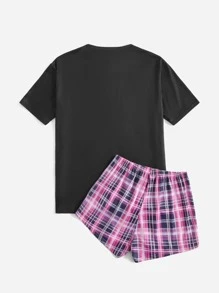 ROMWE Anime Plaid Cartoon Graphic PJ Set - Multicolor - View 7