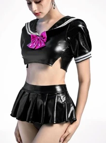 ROMWE 3pack Bow Decor PU School Girl Costume Set - Black - View 4