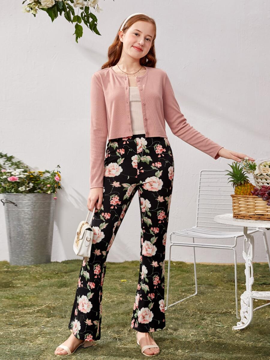 SHEIN Teen Girls Solid Top & Floral Print Trousers - Multicolor - View 1