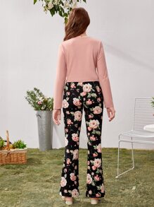 SHEIN Teen Girls Solid Top & Floral Print Trousers - Multicolor - View 2