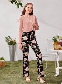SHEIN Teen Girls Solid Top & Floral Print Trousers - Multicolor - View 3