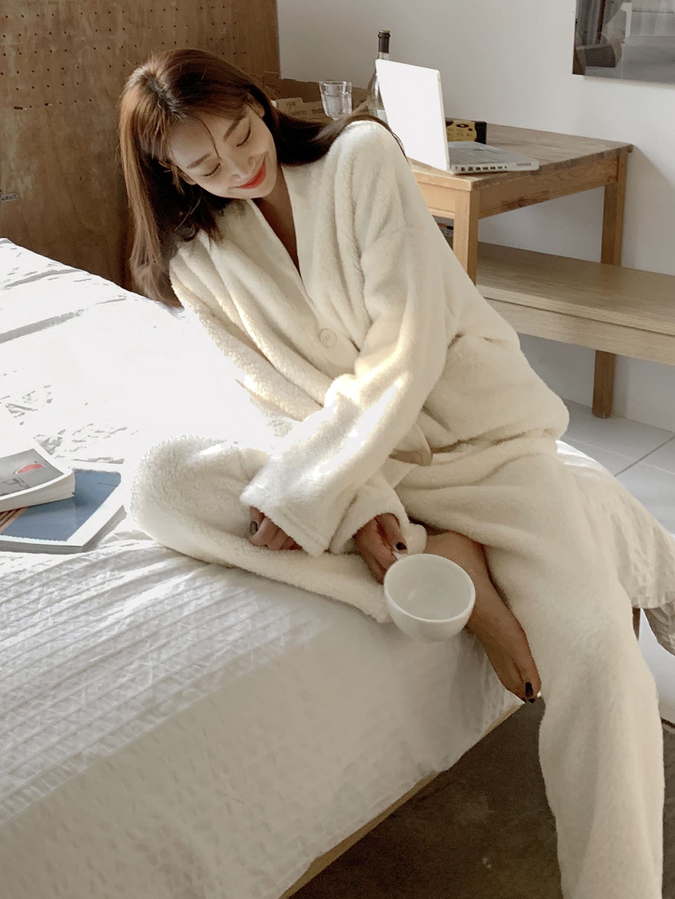 DAZY Pijama de franela con hombros caídos para otoño e invierno - Blanco - Ver 1