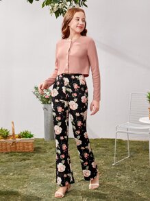 SHEIN Teen Girls Solid Top & Floral Print Trousers - Multicolor - View 4