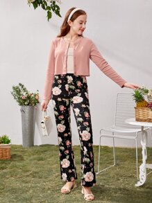 SHEIN Teen Girls Solid Top & Floral Print Trousers - Multicolor - View 5