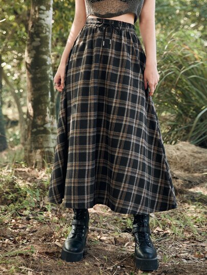 Fairycore تنورة مربعات ملونة رباط خصر