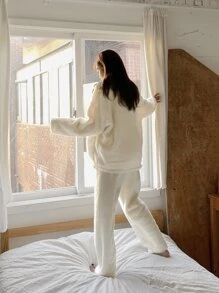 DAZY Pijama de franela con hombros caídos para otoño e invierno - Blanco - Ver 2