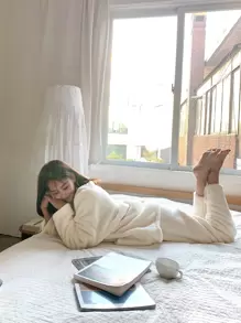 DAZY Pijama de franela con hombros caídos para otoño e invierno - Blanco - Ver 3