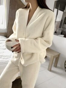 DAZY Pijama de franela con hombros caídos para otoño e invierno - Blanco - Ver 4