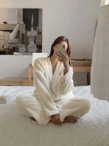 DAZY Pijama de franela con hombros caídos para otoño e invierno - Blanco - Ver 6