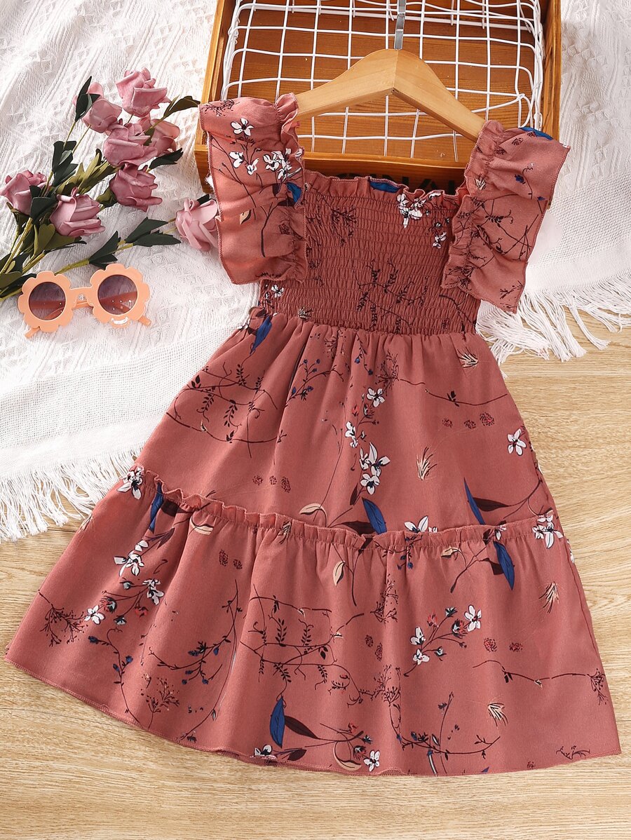 SHEIN Đầm bé gái viền lá sen Viên lá sen Dải chun Hoa Boho - Hồng - Xem 1