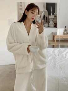 DAZY Pijama de franela con hombros caídos para otoño e invierno - Blanco - Ver 7