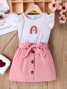 SHEIN Toddler Girls Heart & Rainbow Print Ruffle Trim Belted Dress - Multicolor - View 1