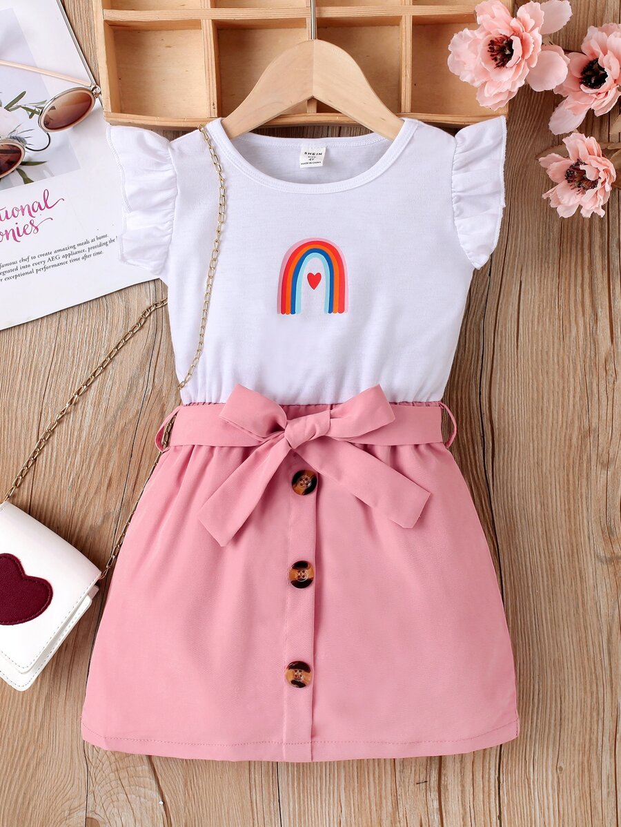 SHEIN Toddler Girls Heart & Rainbow Print Ruffle Trim Belted Dress - Multicolor - View 1