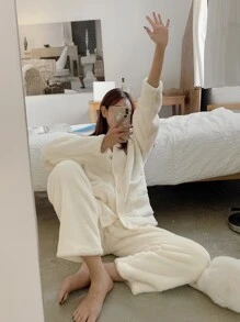 DAZY Pijama de franela con hombros caídos para otoño e invierno - Blanco - Ver 8