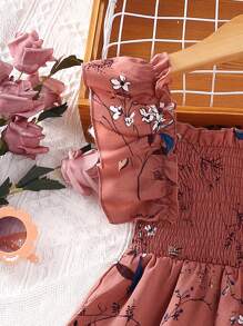 SHEIN Đầm bé gái viền lá sen Viên lá sen Dải chun Hoa Boho - Hồng - Xem 4