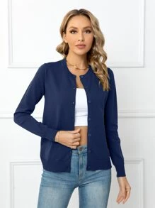 Solid Button Front Cardigan - Navy Blue - View 5