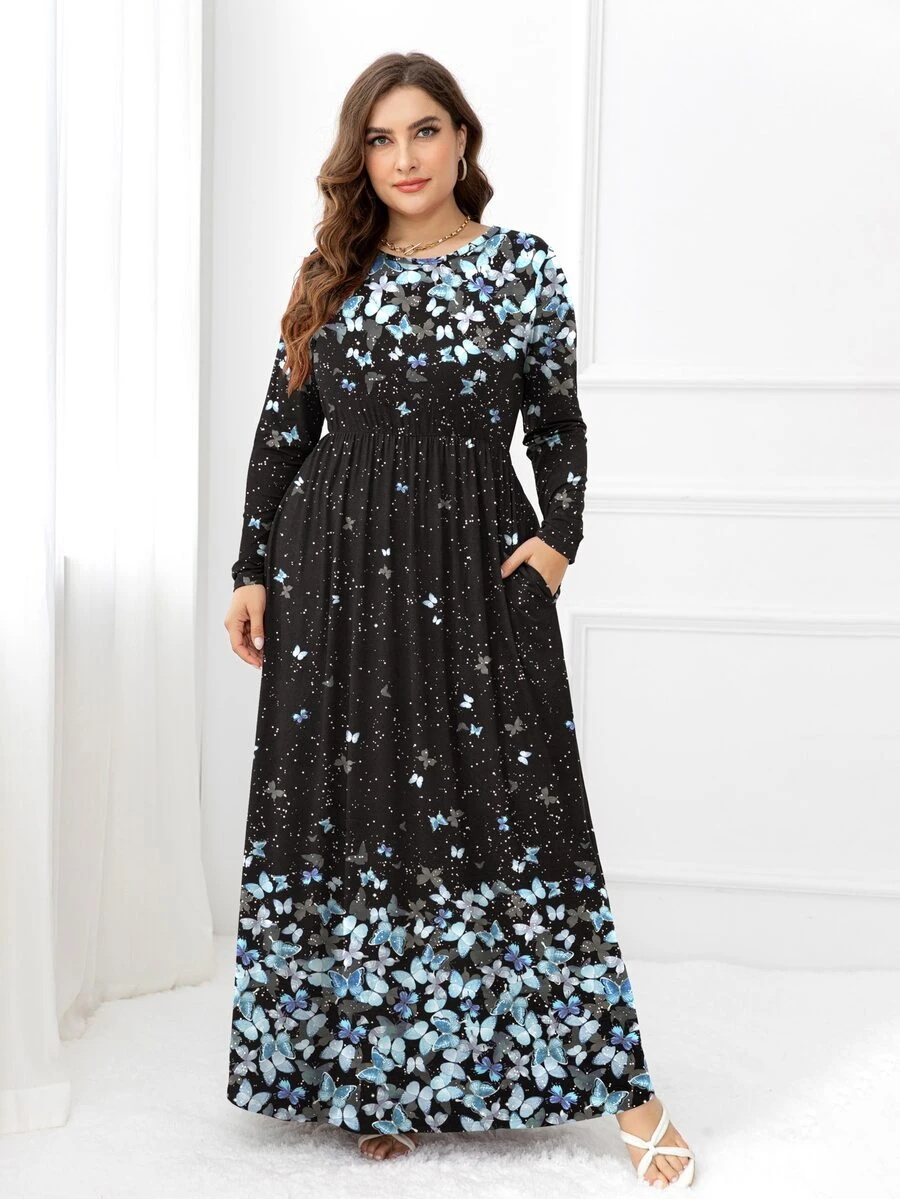 DEARCASE 大码蝴蝶印花隐形口袋连衣裙