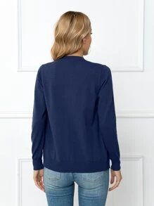 Solid Button Front Cardigan - Navy Blue - View 2