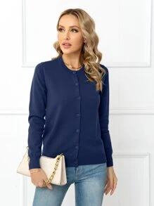 Solid Button Front Cardigan - Navy Blue - View 4