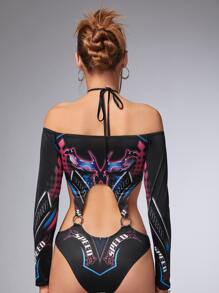 SHEIN ICON Bikercore字母圖案金屬圓環鏤空連體衣 - 彩色 - 查看 2