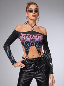 SHEIN ICON Bikercore字母圖案金屬圓環鏤空連體衣 - 彩色 - 查看 4