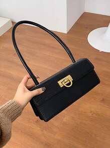 Lizard Embossed Flap Bag - Black - View 1