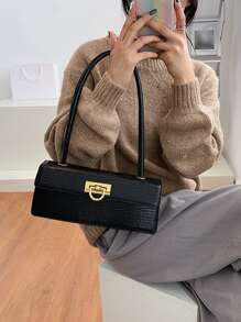 Lizard Embossed Flap Bag - Black - View 4