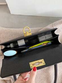 Lizard Embossed Flap Bag - Black - View 7