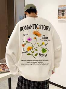 Manfinity Men Slogan & Floral Print Drop Shoulder Pullover - White - View 1