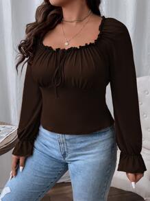 Flirla 帶褶邊修飾前打結波浪袖奶妻上衣 - 巧克力棕 - 查看 4