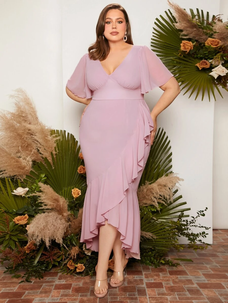 SHEIN Belle Plus Flutter Sleeve Mermaid Hem Chiffon Bridesmaid Dress - Dusty Pink - View 1