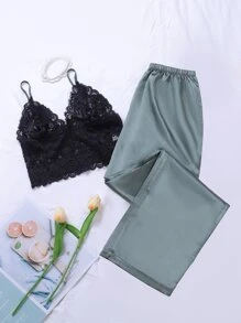Lace Cami Top & Satin Trousers Night Set - Green - View 1