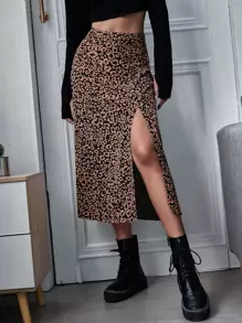EURMUSE Women's Leopard Printed Side Split Skirt - Brown - View 1