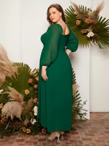 SHEIN Belle 大碼雞心領口燈籠袖高衩雪紡伴娘洋裝