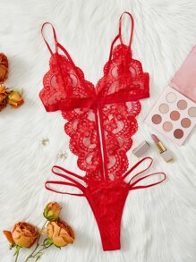 Cut-Out Harness Detail Lace Teddy Bodysuit Lingerie, Baddie Look - Red - View 1