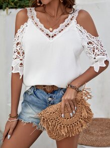 SHEIN Clasi Guipure Lace Panel Cold Shoulder Blouse - White - View 3