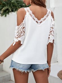 SHEIN Clasi Guipure Lace Panel Cold Shoulder Blouse - White - View 2