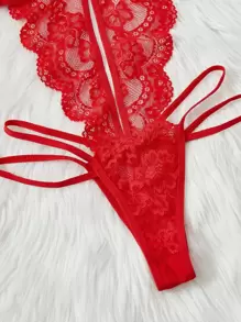 Cut-Out Harness Detail Lace Teddy Bodysuit Lingerie, Baddie Look - Red - View 3