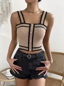 Breezaya 條紋飾邊前紐扣針織短上衣 - 摩卡棕 - 查看 1