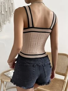 Breezaya 條紋飾邊前紐扣針織短上衣 - 摩卡棕 - 查看 2