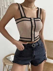 Breezaya 條紋飾邊前紐扣針織短上衣 - 摩卡棕 - 查看 5