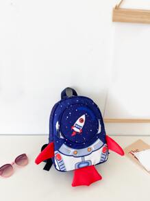 Mini Cartoon Rocket Design Backpack - Blue - View 1