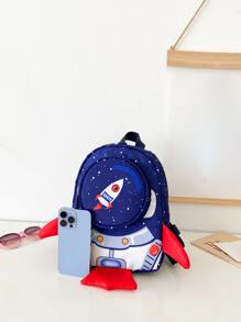 Mini Cartoon Rocket Design Backpack - Blue - View 2